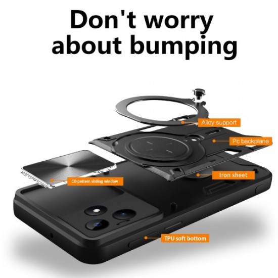For Realme C53 4G Slide Camera Shield Phone Case Rotating Kickstand PC+TPU Back Cover - Black Oppo Realme Cases Mobile