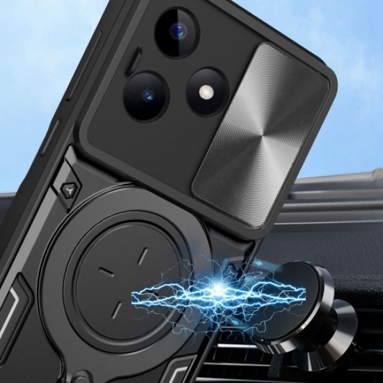 For Realme C53 4G Slide Camera Shield Phone Case Rotating Kickstand PC+TPU Back Cover - Black Oppo Realme Cases Mobile