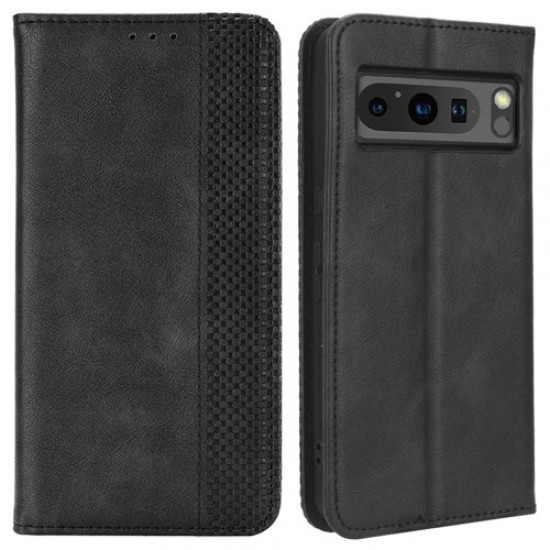 For Google Pixel 8 Pro PU Leather Cover Magnetic Closure Stand Wallet Retro Mobile Phone Case - Black Google Pixel mobile Cases