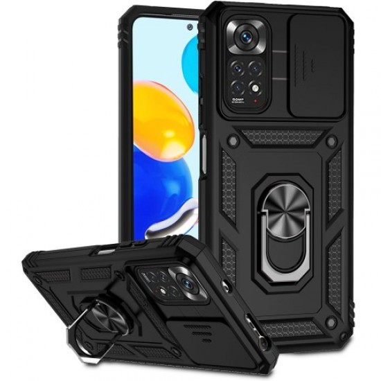 For Xiaomi Redmi Note 11 4G (Qualcomm)/Redmi Note 11S 4G Kickstand Case Hard PC + TPU Double Protection Phone Cover with Slide Camera Protection Cover - Black XIAOMI Cases Mobile