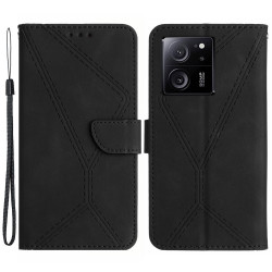 Θήκη Πορτοφόλι με Βάση Στήριξης (όψη δέρματος) με Γραμμές για Xiaomi 13T / 13T Pro - Μαύρο