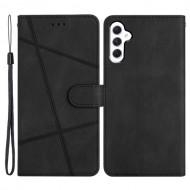 For Samsung Galaxy S23 FE Phone Cover Crazy Horse Texture Imprinted Lines Shell PU Leather Phone Stand Case Wallet - Black