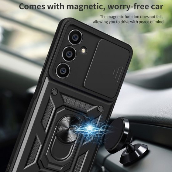 For Samsung Galaxy S23 FE Slide Lens Lid PC+TPU Phone Case Ring Kickstand Back Cover - Black Samsung Cases Mobile