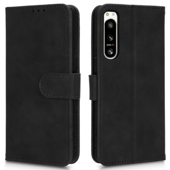 Skin-touch Feeling Phone Case for Sony Xperia 5 IV 5G. Folio Flip PU Leather Magnetic Clasp Stand Wallet Phone Cover with Strap - Black Sony Cases Mobile