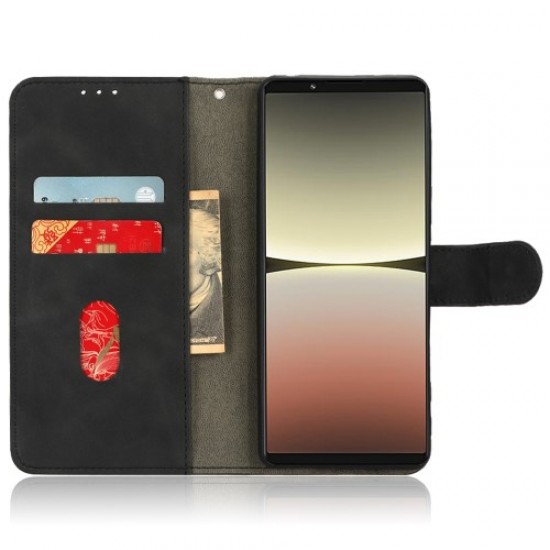 Skin-touch Feeling Phone Case for Sony Xperia 5 IV 5G. Folio Flip PU Leather Magnetic Clasp Stand Wallet Phone Cover with Strap - Black Sony Cases Mobile