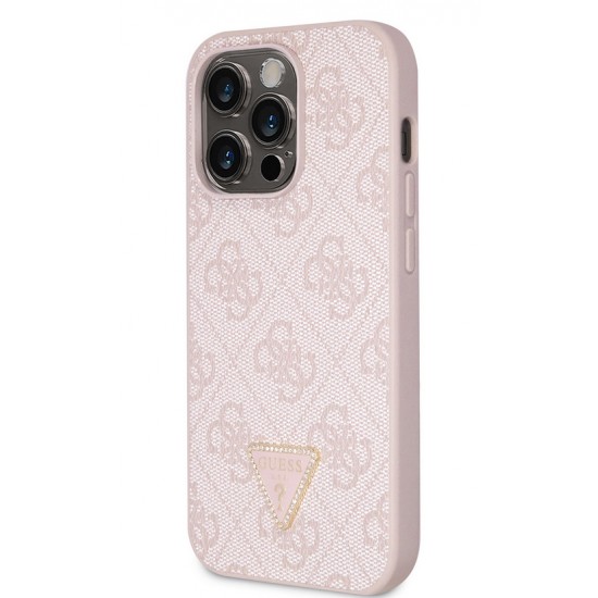 Guess Strass Triangle Metal Logo Back Cover Πλαστικό με Λουράκι Ροζ για iPhone 15 Pro Max - Ροζ Apple Θήκες Κινητών
