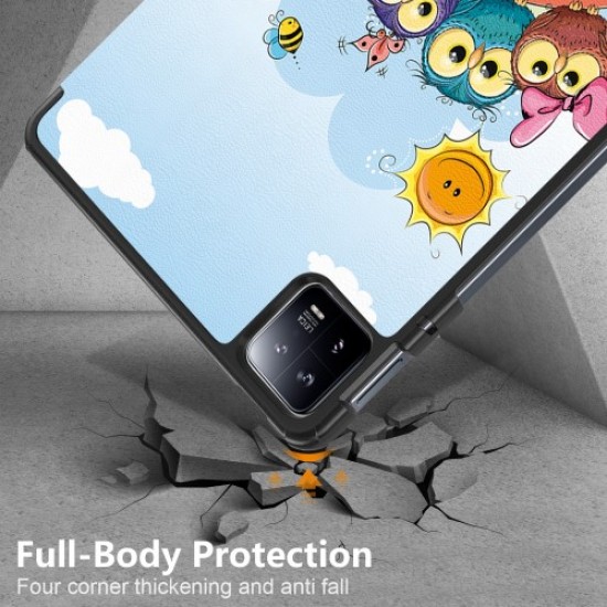 Θήκη Βιβλίο Tri--Fold με Βάση Στήριξης (Όψη Δέρματος) για Xiaomi Pad 6 / Pad 6 Pro - Μονοκεράκι με Κουκουβάγιες XIAOMI Θήκες Tablet