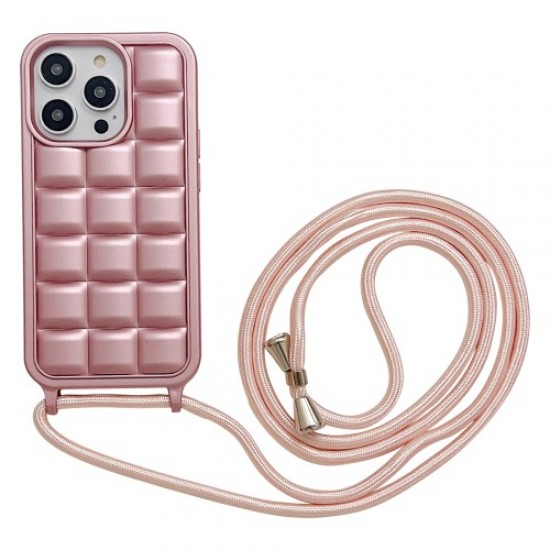 Rugged Grid TPU Phone Case for iPhone 15 Pro . Anti-scratch Phone Cover with Shoulder Strap - Pink Apple Cases Mobile