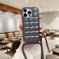 Rugged Grid TPU Phone Case for iPhone 15 Pro . Anti-scratch Phone Cover with Shoulder Strap - Grey