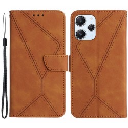 HT05 For Xiaomi Redmi 12 4G Phone Case Wallet Imprinted Line Skin-touch Flip Stand PU Leather+TPU Phone Cover - Brown