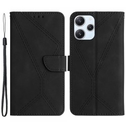 HT05 For Xiaomi Redmi 12 4G Phone Case Wallet Imprinted Line Skin-touch Flip Stand PU Leather+TPU Phone Cover - Black