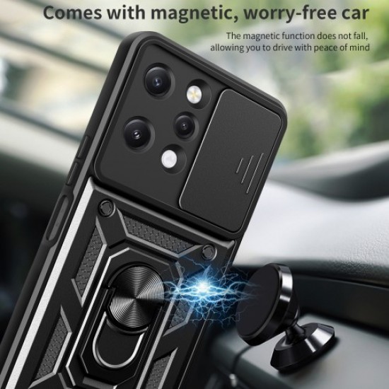 Υβριδική Θήκη Σιλικόνης και Πλαστικού με Πορτάκι Κάμερας και Δαχτυλίδι Κρατήματος για Xiaomi Redmi 12 4G - Μαύρο XIAOMI Θήκες Κινητών