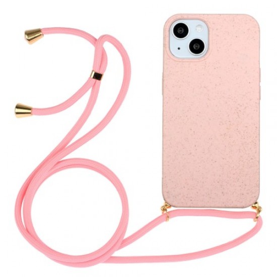 For iPhone 15 Eco Friendly Phone Case Compostable Wheat Straw+TPU Shock Absorbing Cover with Lanyard - Pink Apple Cases Mobile
