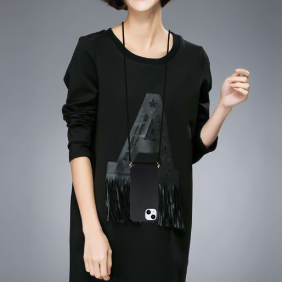 For iPhone 15 Plus Biodegradable Phone Case Wheat Straw+TPU Shockproof Protection Cover with Lanyard - Black Apple Cases Mobile