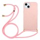 For iPhone 15 Plus Biodegradable Phone Case Wheat Straw+TPU Shockproof Protection Cover with Lanyard - Pink Apple Cases Mobile