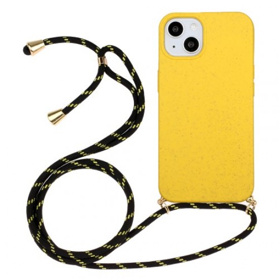 For iPhone 15 Plus Biodegradable Phone Case Wheat Straw+TPU Shockproof Protection Cover with Lanyard - Yellow Apple Cases Mobile