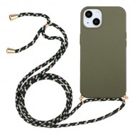 For iPhone 15 Plus Biodegradable Phone Case Wheat Straw+TPU Shockproof Protection Cover with Lanyard - Army Green