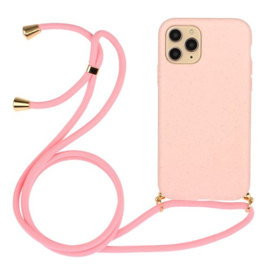 For iPhone 15 Pro Max Mobile Phone Case Biodegradable Wheat Straw+TPU Protection Cover with Lanyard - Pink Apple Cases Mobile