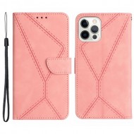 HT05 Leather Cover for iPhone 15 Pro Max Flip Stand Wallet Imprinted Line Skin-touch Phone Case - Pink