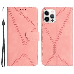 HT05 Θήκη Πορτοφόλι με Βάση Στήριξης (Όψη Δέρματος) με Γραμμώσεις για iPhone 15 Pro Max - Ροζ