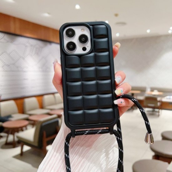 For iPhone 15 Pro Max Rugged Grid Phone Cover Flexible TPU Back Case with Shoulder Strap - Black Apple Cases Mobile