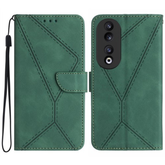 HT05 Θήκη Πορτοφόλι με Βάση Στήριξης (Όψη Δέρματος) με Γραμμώσεις για Honor 90 - Πράσινο Huawei Θήκες Κινητών