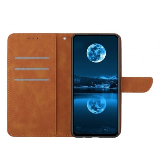 HT05 Phone Case for Xiaomi Redmi Note 12S 4G Wallet Stand Skin-touch Imprinted Line PU Leather Cover - Brown XIAOMI Cases Mobile