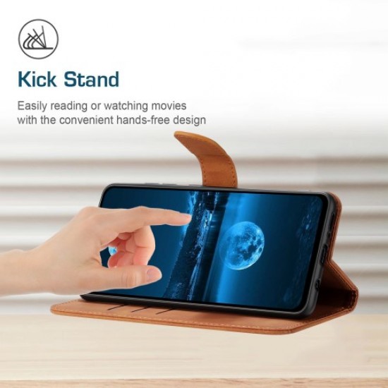 HT05 Phone Case for Xiaomi Redmi Note 12S 4G Wallet Stand Skin-touch Imprinted Line PU Leather Cover - Brown XIAOMI Cases Mobile