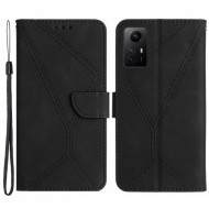 HT05 Phone Case for Xiaomi Redmi Note 12S 4G Wallet Stand Skin-touch Imprinted Line PU Leather Cover - Black