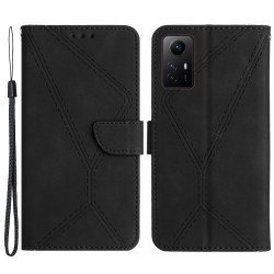 HT05 Phone Case for Xiaomi Redmi Note 12S 4G Wallet Stand Skin-touch Imprinted Line PU Leather Cover - Black