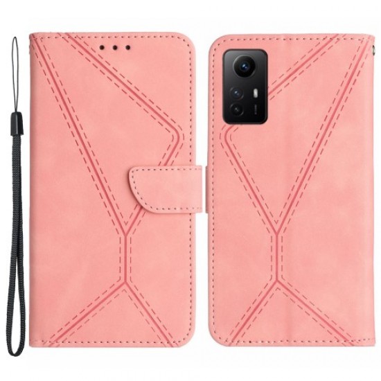 HT05 Phone Case for Xiaomi Redmi Note 12S 4G Wallet Stand Skin-touch Imprinted Line PU Leather Cover - Pink XIAOMI Cases Mobile