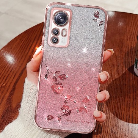 For Xiaomi Redmi Note 12S 4G Mobile Phone Case Flower Glitter Rhinestone TPU Shell Gradient Cover - Rose Gold XIAOMI Cases Mobile