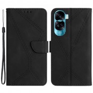 HT05 For Honor 90 Lite 5G / X50i 5G Wallet Leather Phone Case Skin-touch Imprinted Line Stand Cover - Black
