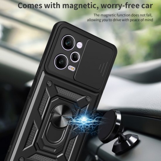 For Xiaomi Redmi Note 12 Pro 5G Kickstand PC + TPU Phone Case Slide Push Pull Camera Lens Protection Cover - Black XIAOMI Cases Mobile