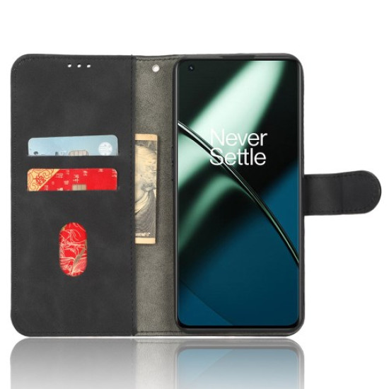 For OnePlus 11 5G Skin-touch Feeling Phone Leather Case Wallet Stand Cell Phone Cover - Black OnePlus Mobile Cases
