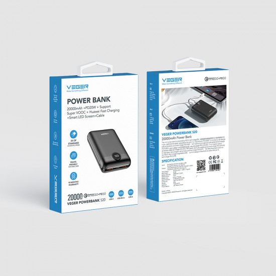 Veger S20 Power Bank 20000mAh 20W, USB-A, USB-C Power Delivery / Quick Charge 3.0 - Black Power Bank