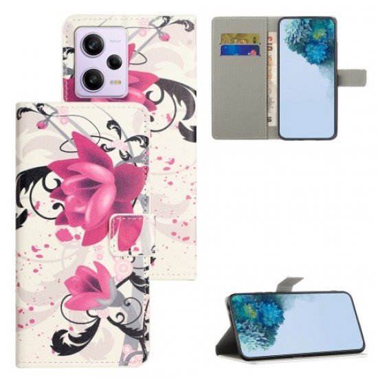 Wallet Phone Case for Xiaomi Redmi Note 12 Pro 5G / Note 12 Pro Speed 5G / Poco X5 Pro 5G . Pattern Printing PU Leather Stand Cover - Lotus XIAOMI Cases Mobile
