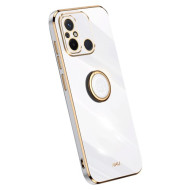 XINLI For Xiaomi Redmi 12C 4G Ring Kickstand Phone Protective Case Electroplating Golden Edge TPU Back Cover - White