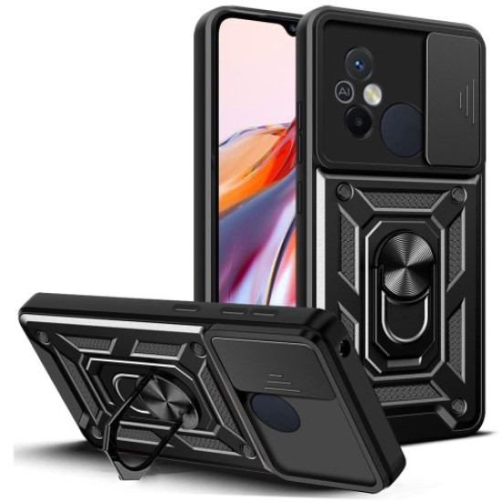 For Xiaomi Redmi 12C 4G Kickstand Phone Case PC+TPU Cover with Slide Camera Lid - Black XIAOMI Cases Mobile