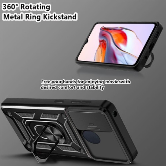 For Xiaomi Redmi 12C 4G Kickstand Phone Case PC+TPU Cover with Slide Camera Lid - Black XIAOMI Cases Mobile