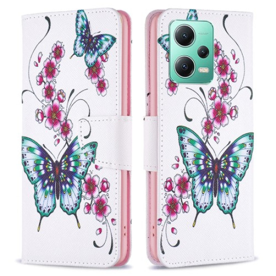 For Xiaomi Redmi Note 12 5G (Global) / (India) / (China) / Poco X5 5G Leather Wallet Phone Case Pattern Printing Flip Stand Cover - Peach Blossom and Butterflies XIAOMI Cases Mobile