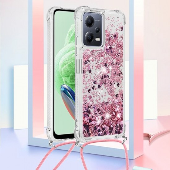YB Quicksand Series-4 for Xiaomi Redmi Note 12 5G (Global) / (India) / (China) / Poco X5 5G TPU Phone Case Anti-drop Cover with Lanyard - Rose Gold / Hearts XIAOMI Cases Mobile