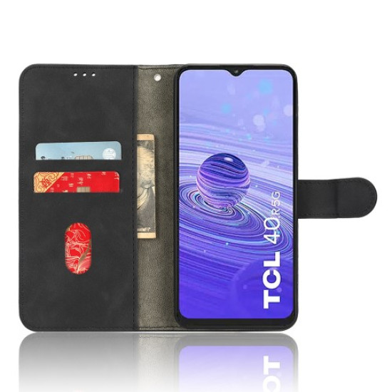 Protective Cell Phone Cover For TCL 40R 5G Skin-touch Feeling PU Leather Flip Wallet Case Stand with Wrist Strap - Black TCL Mobile Cases