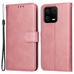 For Xiaomi 13 Anti-scratch Classic Calf Texture Phone Stand Case PU Leather Wallet Drop-proof Cover with Wrist Strap - Rose Gold For Xiaomi 13 Anti-scratch Classic Calf Texture Phone Stand Case PU Leather Wallet Drop-proof Cover with Wrist Strap - Rose Gold