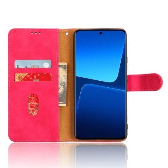 For Xiaomi 13 Pro 5G Skin-touch Feeling Cell Phone Cover Drop-proof Stand Wallet Flip Leather Case with Wrist Strap - Rose XIAOMI Cases Mobile