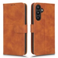 For Samsung Galaxy A34 5G Shockproof Phone Case Skin-touch Feeling Cell Phone Cover Stand Wallet with Wrist Strap - Brown