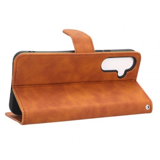 For Samsung Galaxy A34 5G Shockproof Phone Case Skin-touch Feeling Cell Phone Cover Stand Wallet with Wrist Strap - Brown Samsung Cases Mobile