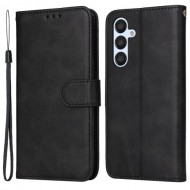 For Samsung Galaxy A54 5G PU Leather Wallet Shockproof Phone Cover Anti-scratch Classic Calf Texture Phone Stand Case with Wrist Strap - Black