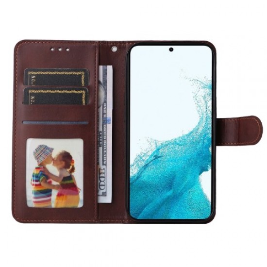 For Samsung Galaxy A54 5G PU Leather Wallet Shockproof Phone Cover Anti-scratch Classic Calf Texture Phone Stand Case with Wrist Strap - Brown Samsung Cases Mobile