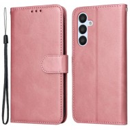For Samsung Galaxy A54 5G PU Leather Wallet Shockproof Phone Cover Anti-scratch Classic Calf Texture Phone Stand Case with Wrist Strap - Rose Gold